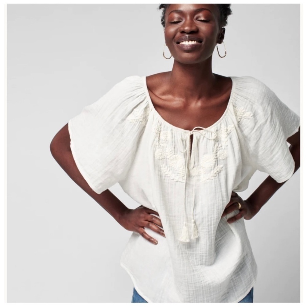 FAHERTY Bohemian White Embroidered Organic Cotton Trapeze Top Size Large